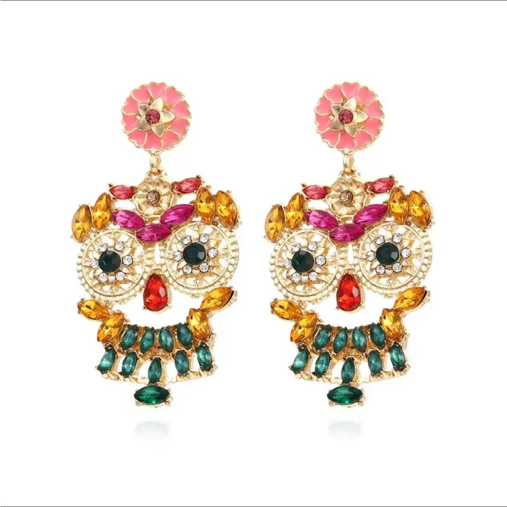 Cute Rhinestone Flower Owl Earrings
